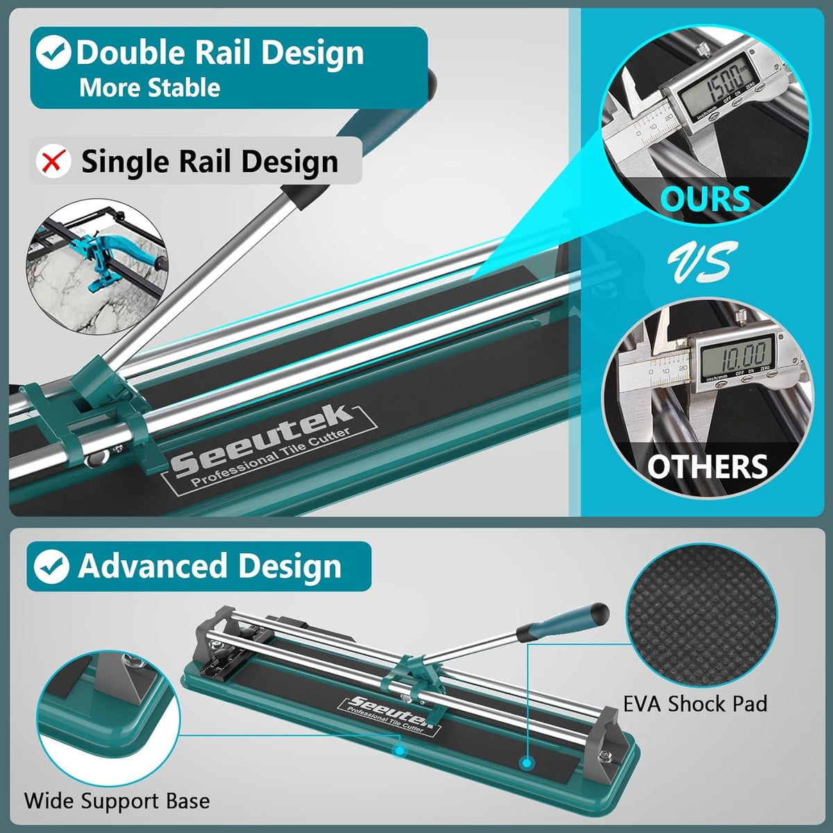 Seeutek tile cutter with double rails for stable, accurate scoring