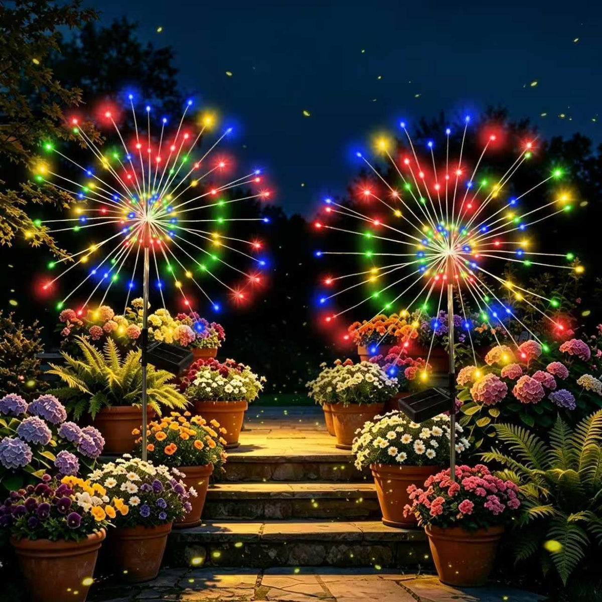 SEEWELUMI solar garden lights firework burst illuminate outdoor spaces with vibrant color.