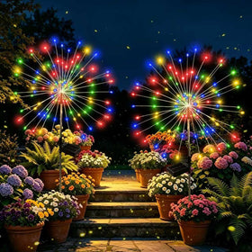 SEEWELUMI solar garden lights firework burst illuminate outdoor spaces with vibrant color.