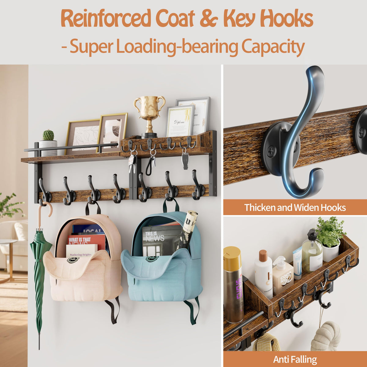 Segtenant coat rack hooks close-up shows sturdy metal hooks and rustic base.