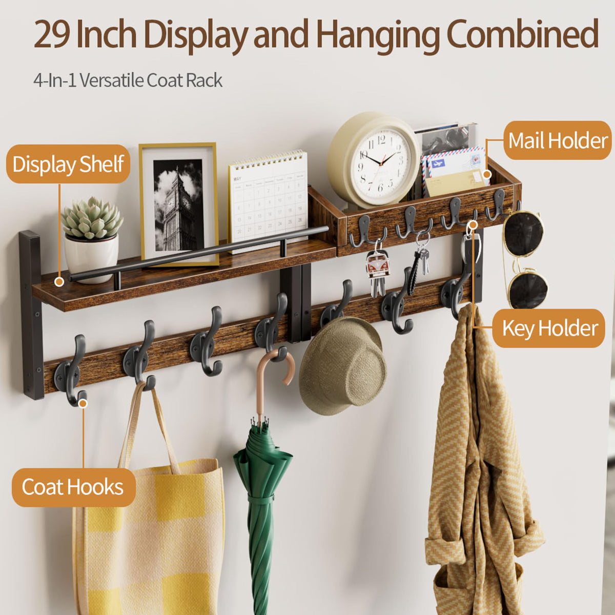Segtenant shelf with hooks and storage organizes keys and bags at a glance.