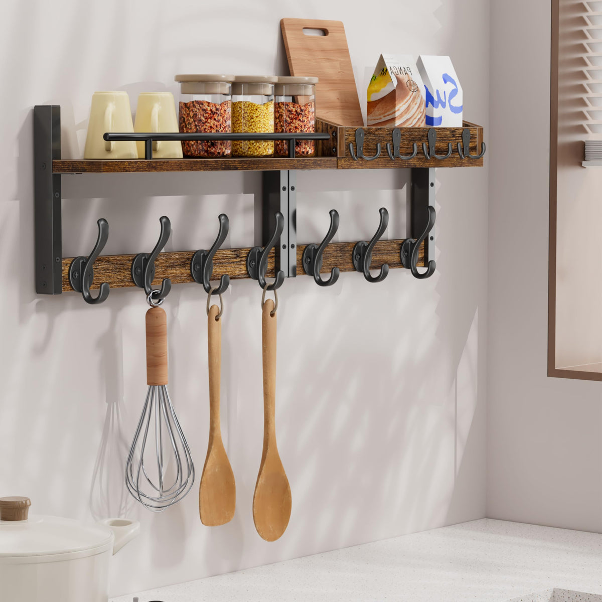 Segtenant rustic brown wood and black iron accents create vintage industrial look.