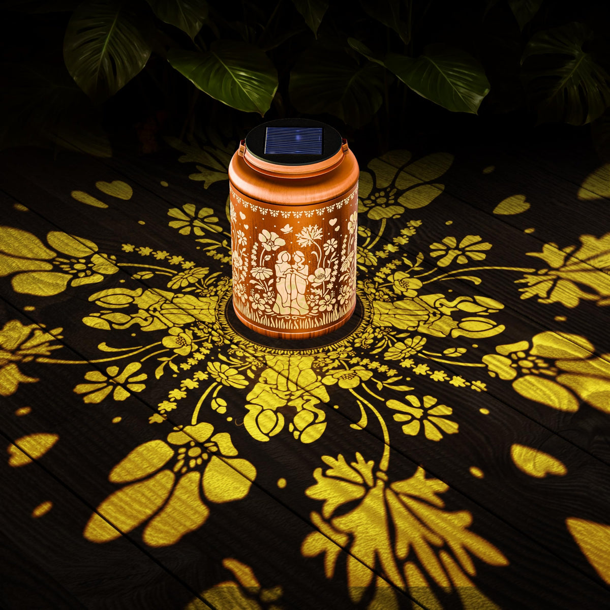 SEGXCFL hollow metal-pattern lantern highlights intricate cutouts at dusk.