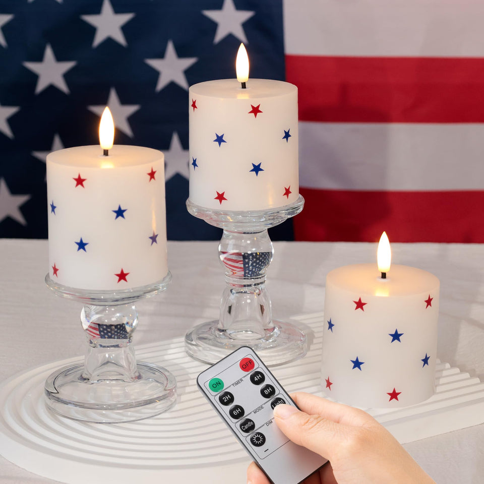 SEHNSY 4th of July flameless candles with star stickers offer safe, decorative lighting.