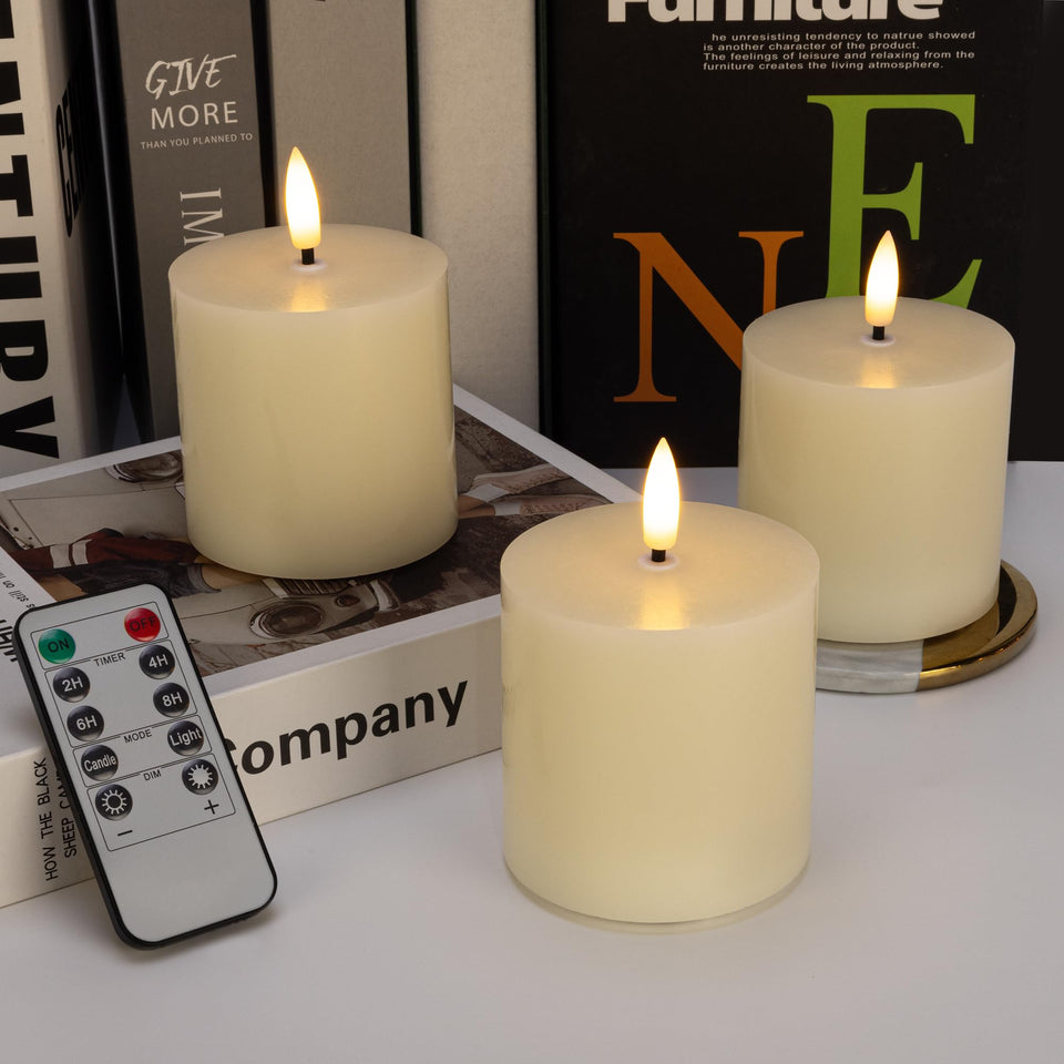SEHNSY Ivory Flameless Candles on a table provide safe, warm ambiance for family evenings.