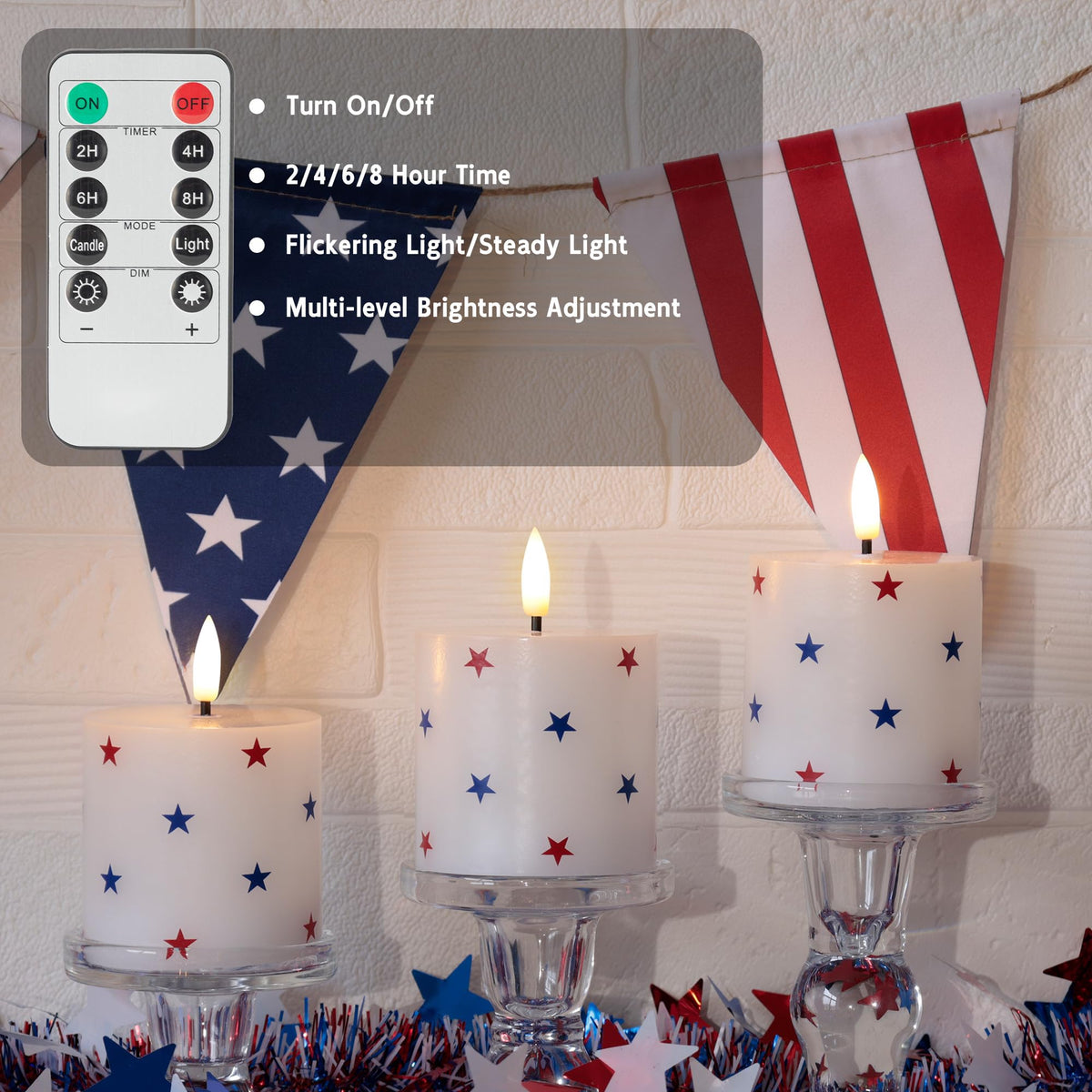 SEHNSY patriotic candles on mantel with star accents for festive decor.