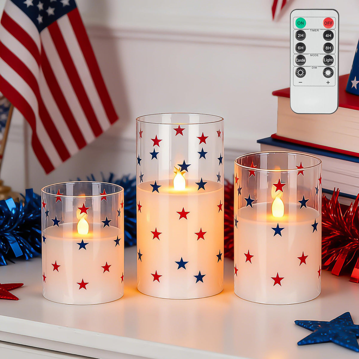 SEHNSY red white blue star LED candles with remote offer safe, dramatic patriotic glow