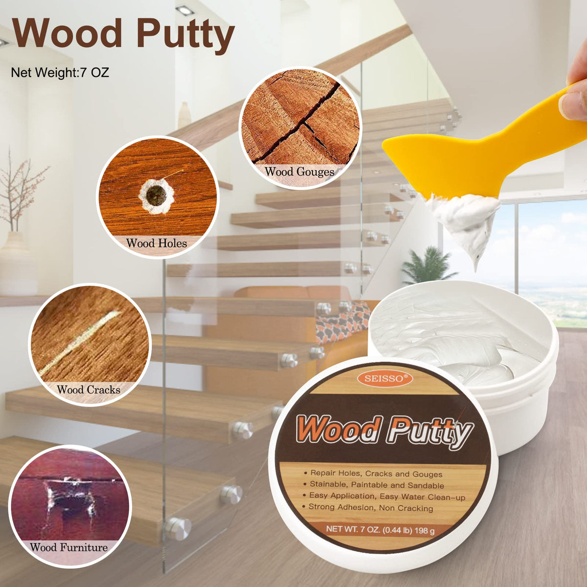 SEISSO wood putty application demonstrates quick filling of holes and scratches in wood