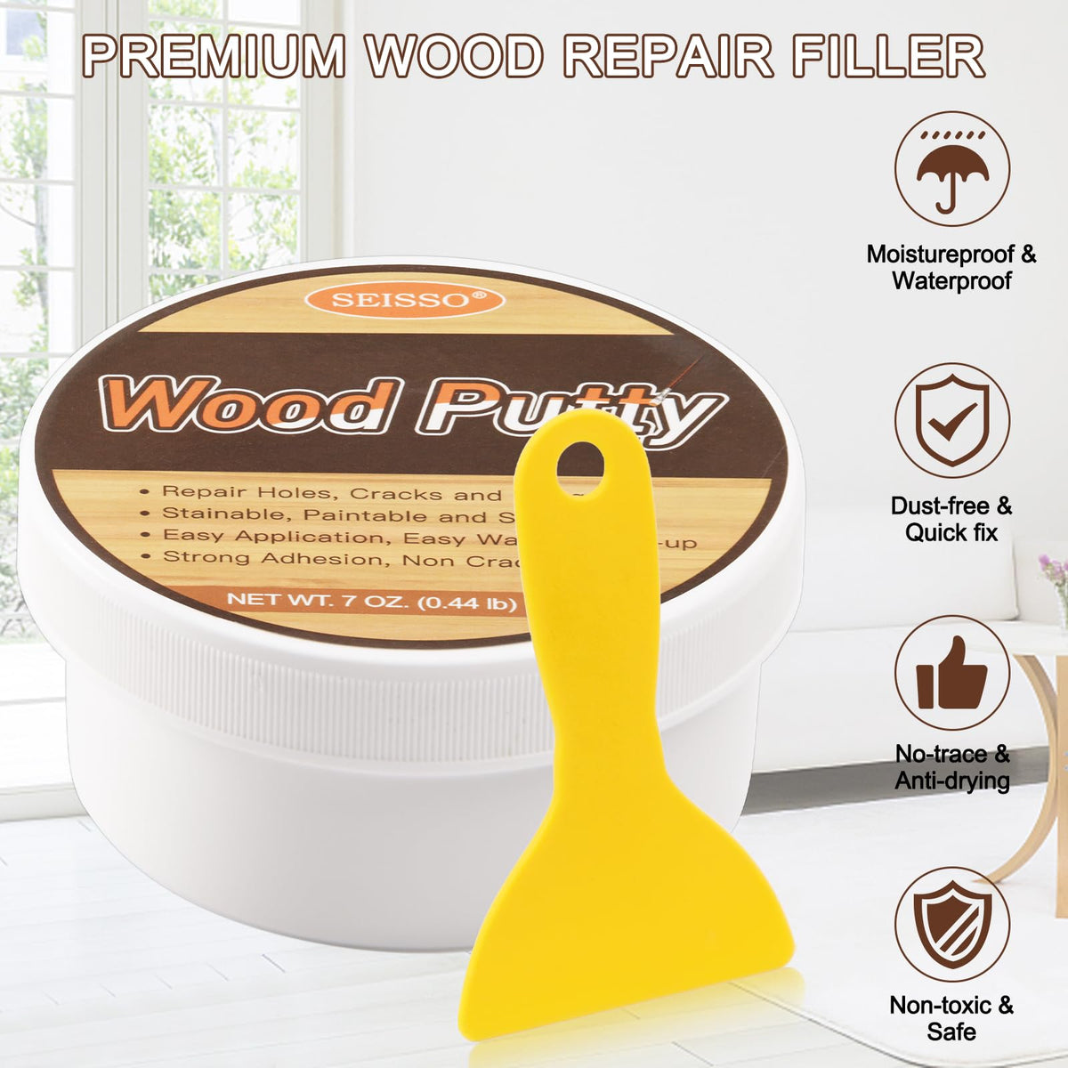 SEISSO wood putty water-based eco image emphasizes non-toxic, easy cleanup