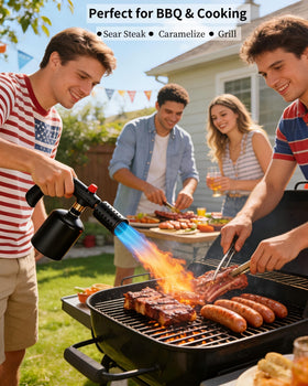 Seiyeje propane torch with adjustable flame prevents overheating during grilling.