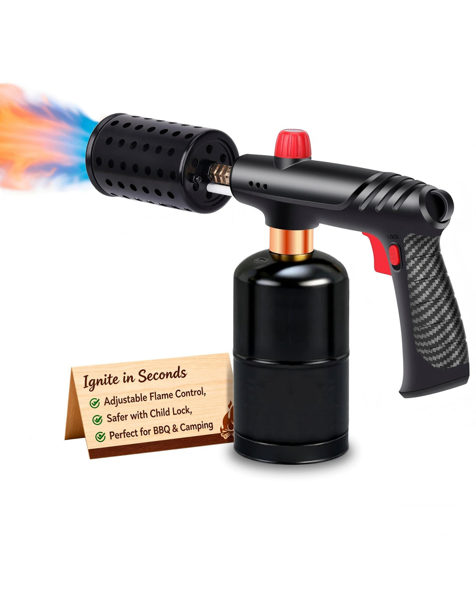Seiyeje propane torch ignition in action for fast charcoal lighting.