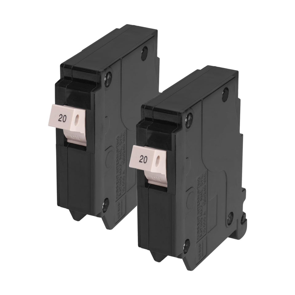 Sekelo 20A 1-Pole breaker front view shows plug-on design protecting home wiring.