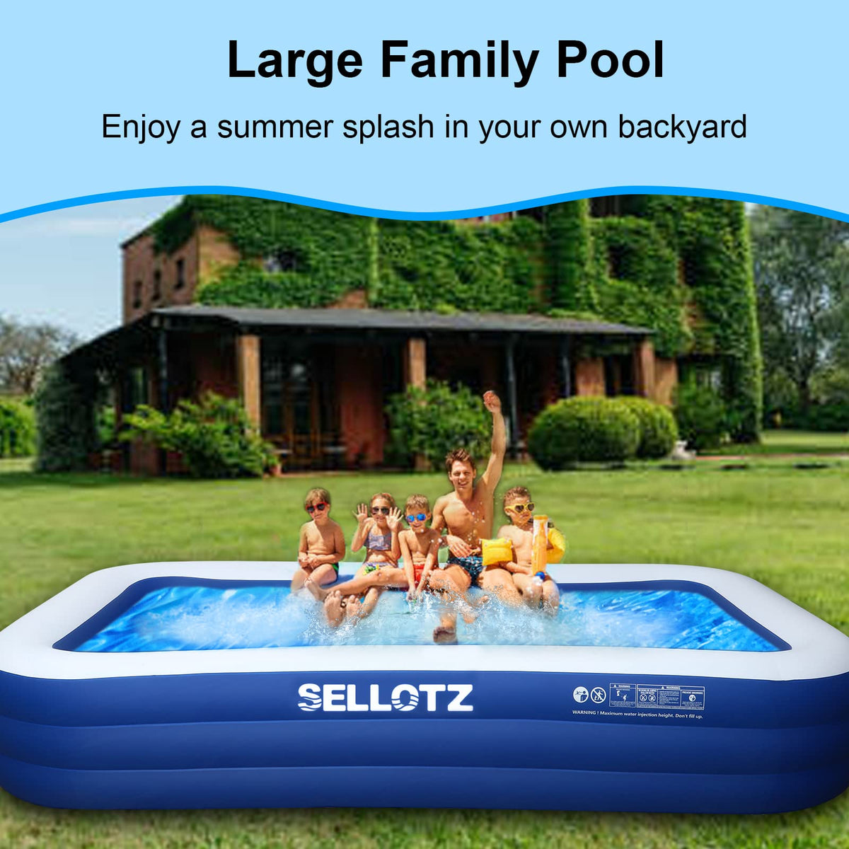 Adults and children enjoying a splashy SELLOTZ backyard pool