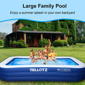 Adults and children enjoying a splashy SELLOTZ backyard pool