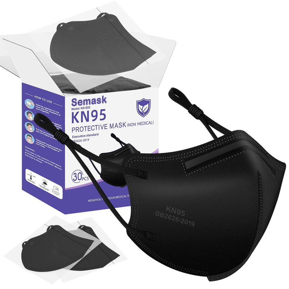 Semask KN95 30-pack black masks, ideal for travel and daily use