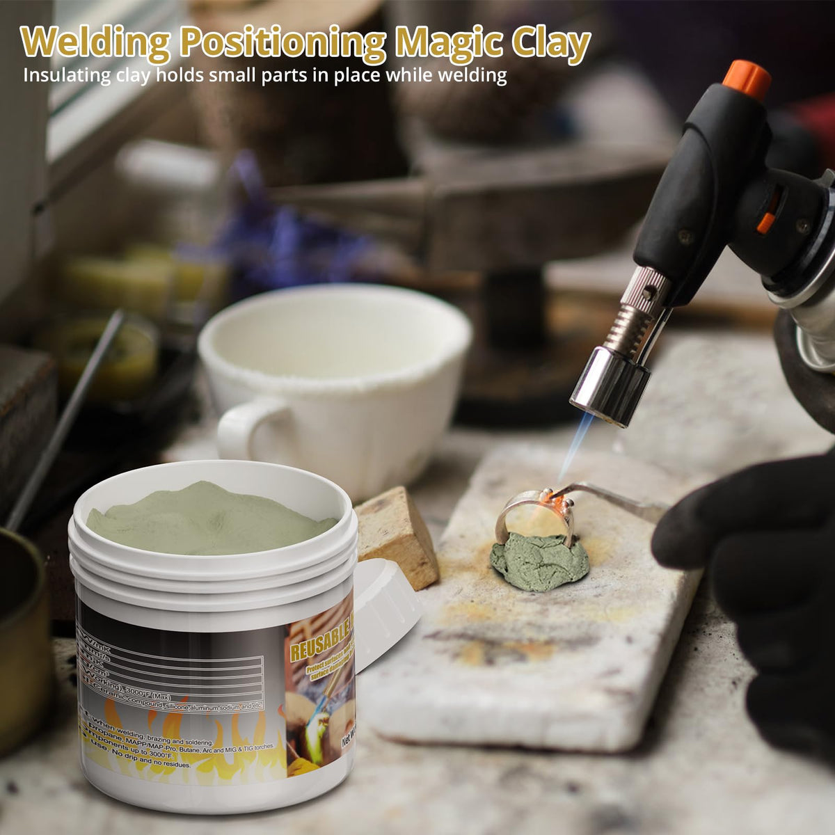 Semlos heat blocking putty jar on directional valve use provides heat shielding during fitting.