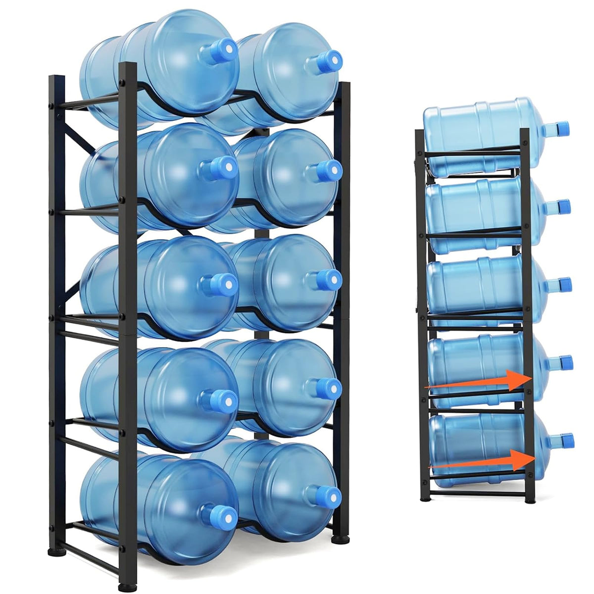 Semoprus water jug rack side view showcases space-saving design and stable shelving.