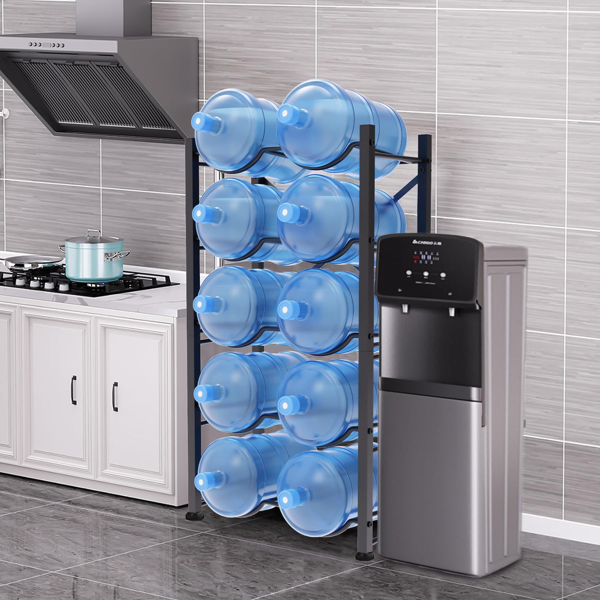 Semoprus 5-gallon jug rack shows durable cast-iron finish for long-lasting use.