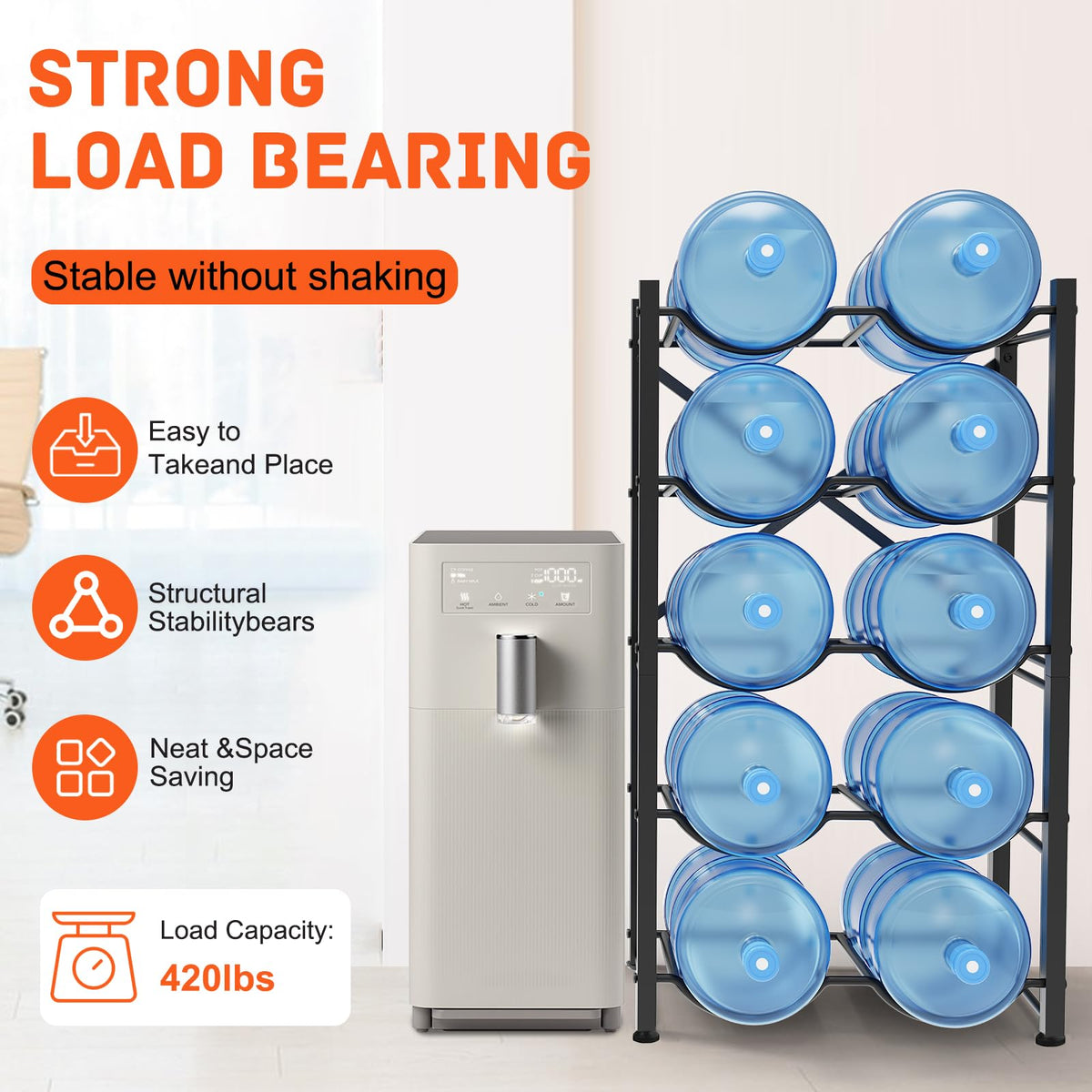 Semoprus water jug rack rear X-frame detail emphasizes reinforced safety.