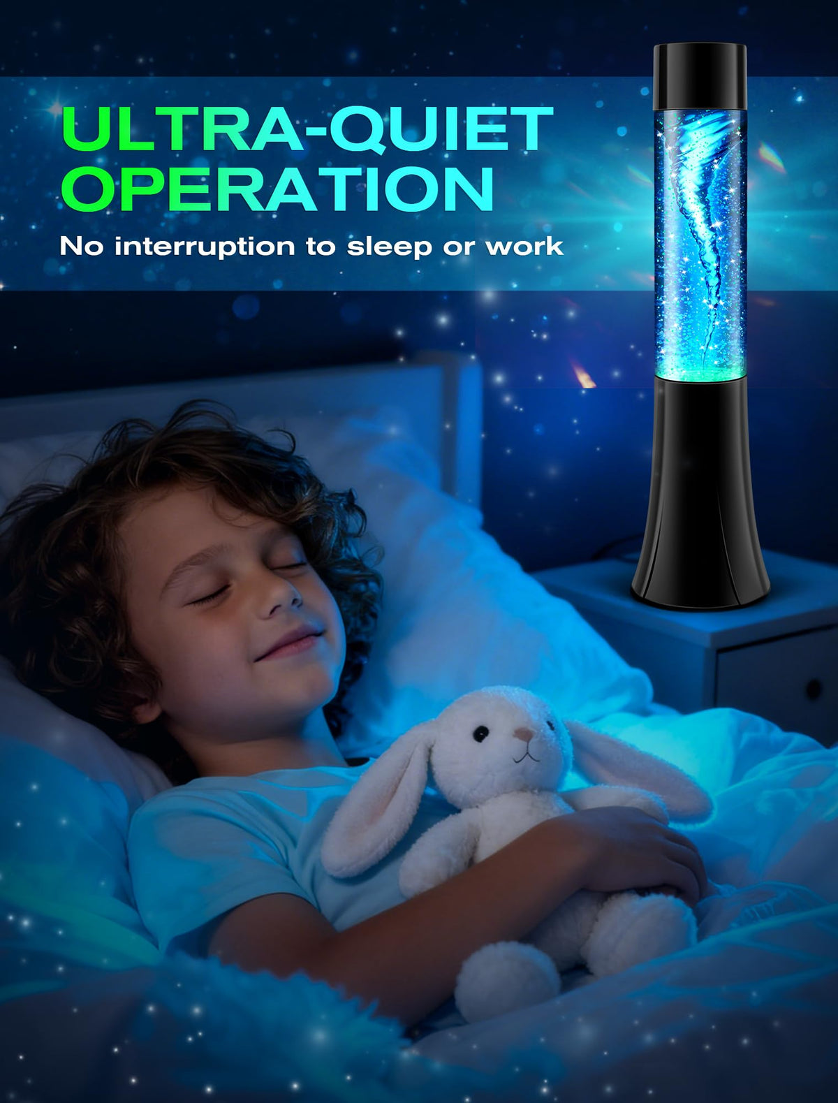 SENCU Glitter Tornado Lamp whisper-quiet motor for peaceful use.