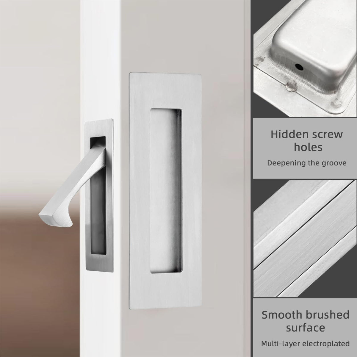 Senharvest brushed nickel pocket door handle slot installation, two screws secure a flush mount.