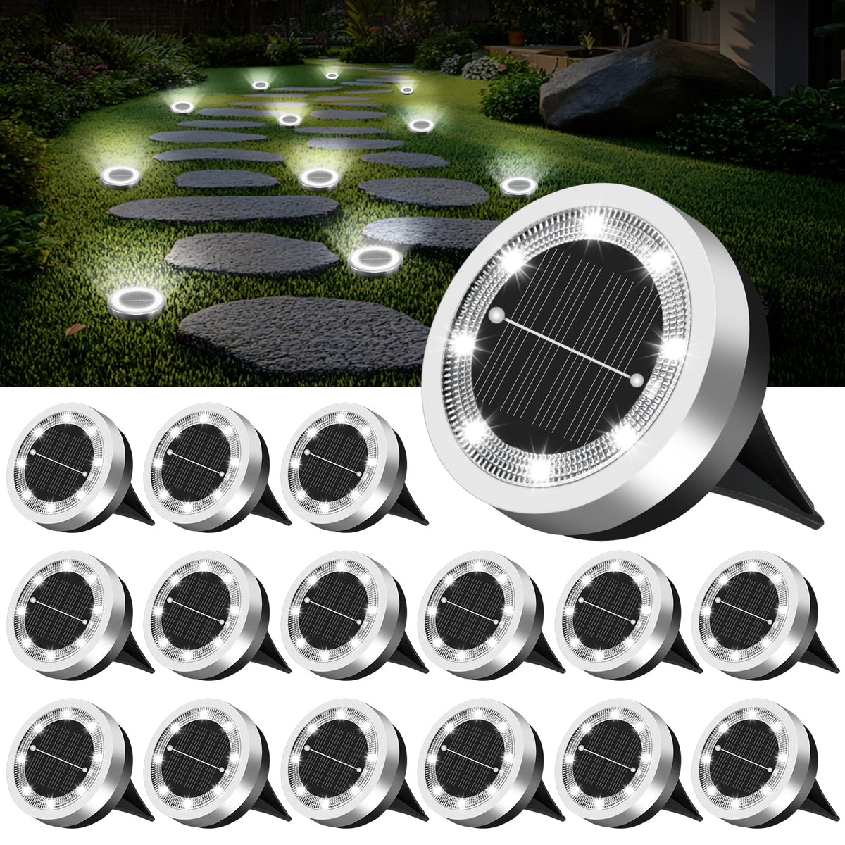 SenLuKit mini solar ground light with eight top LEDs brightens garden paths