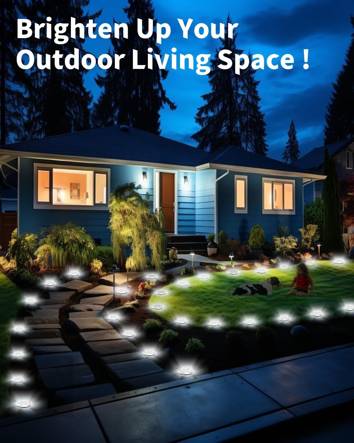 SenLuKit solar ground light with stainless steel discs lighting a garden walkway
