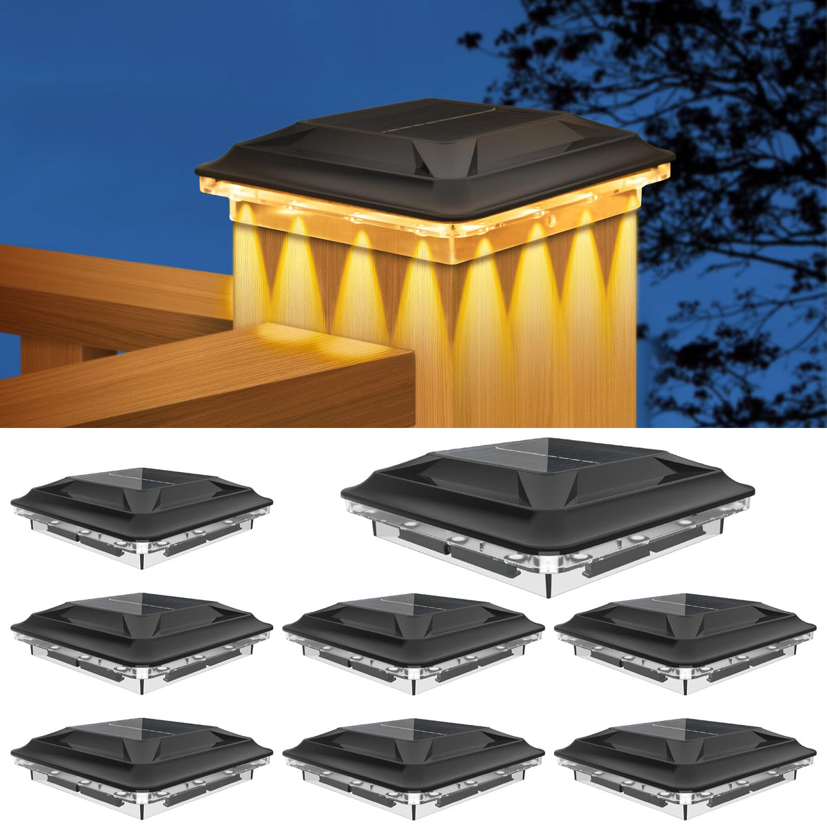 SenLuKit solar post cap lights with 16 LED lenses casting decorative spots on a post.