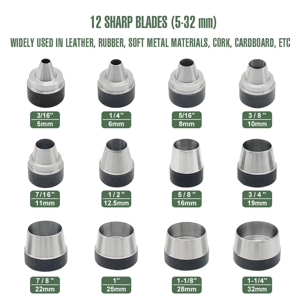Senrog interchangeable punch heads and handle system enable clean leather punching.