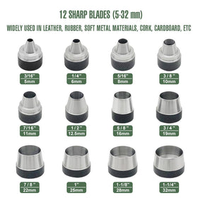 Senrog interchangeable punch heads and handle system enable clean leather punching.
