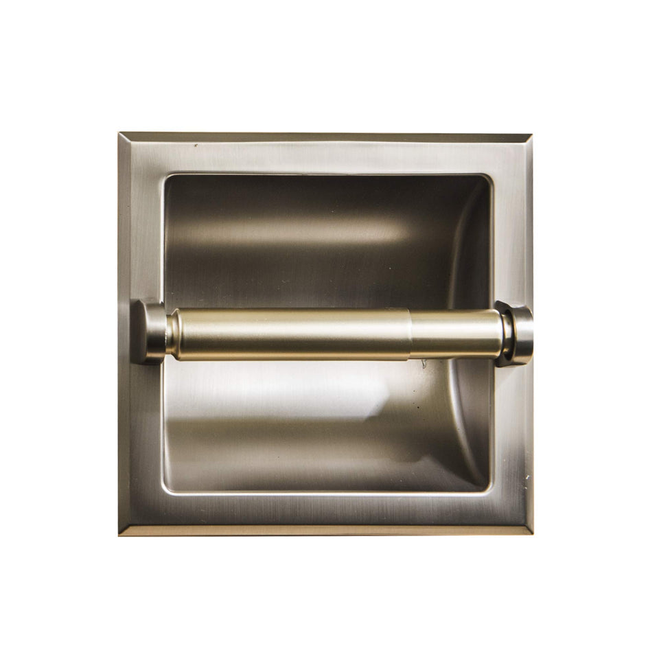 Sento recessed brushed nickel toilet paper holder, front view showing clean, modern finish and durability.