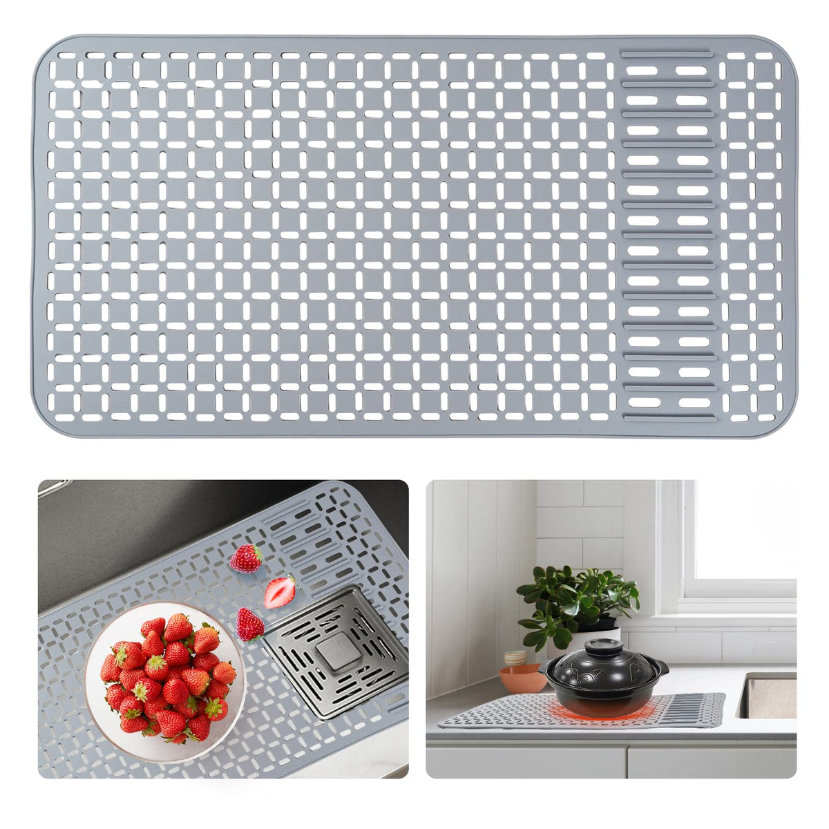 Sentoda 26x14 inch grey silicone sink mat protects dishes from scratches