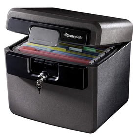 SentrySafe black fireproof and waterproof safe exterior protects valuables in a compact design.