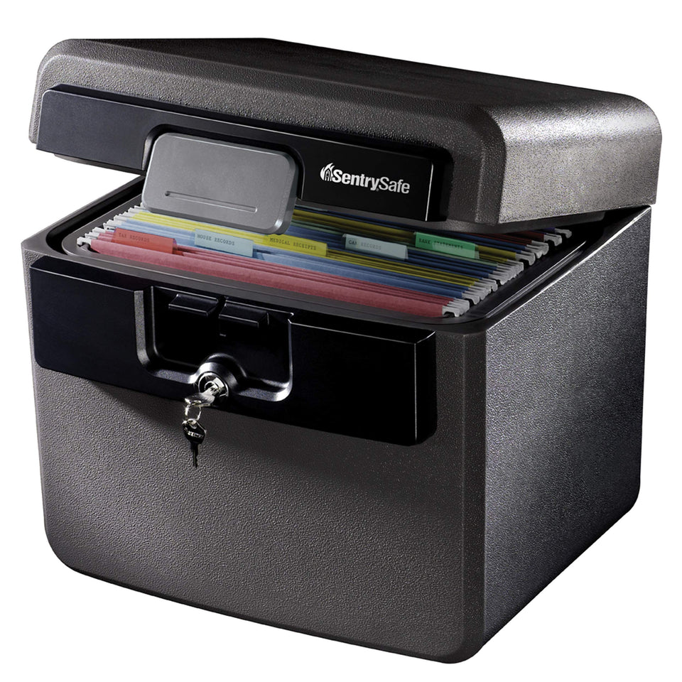 SentrySafe black fireproof and waterproof safe exterior protects valuables in a compact design.
