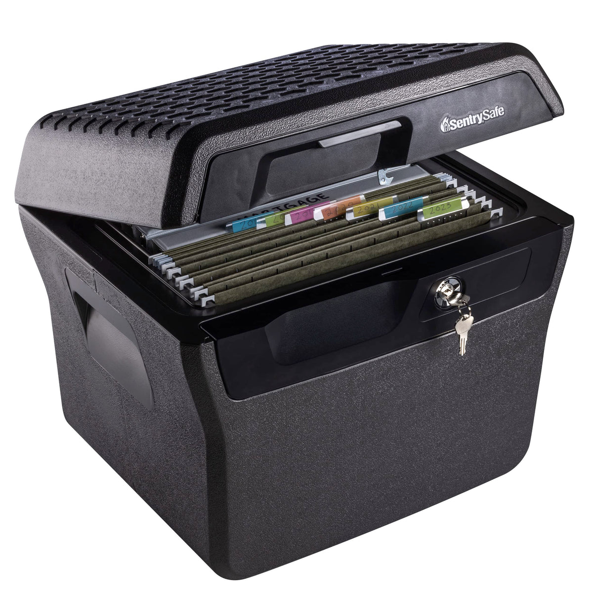 SentrySafe fireproof-waterproof lock box with key lock protecting important documents in emergencies.