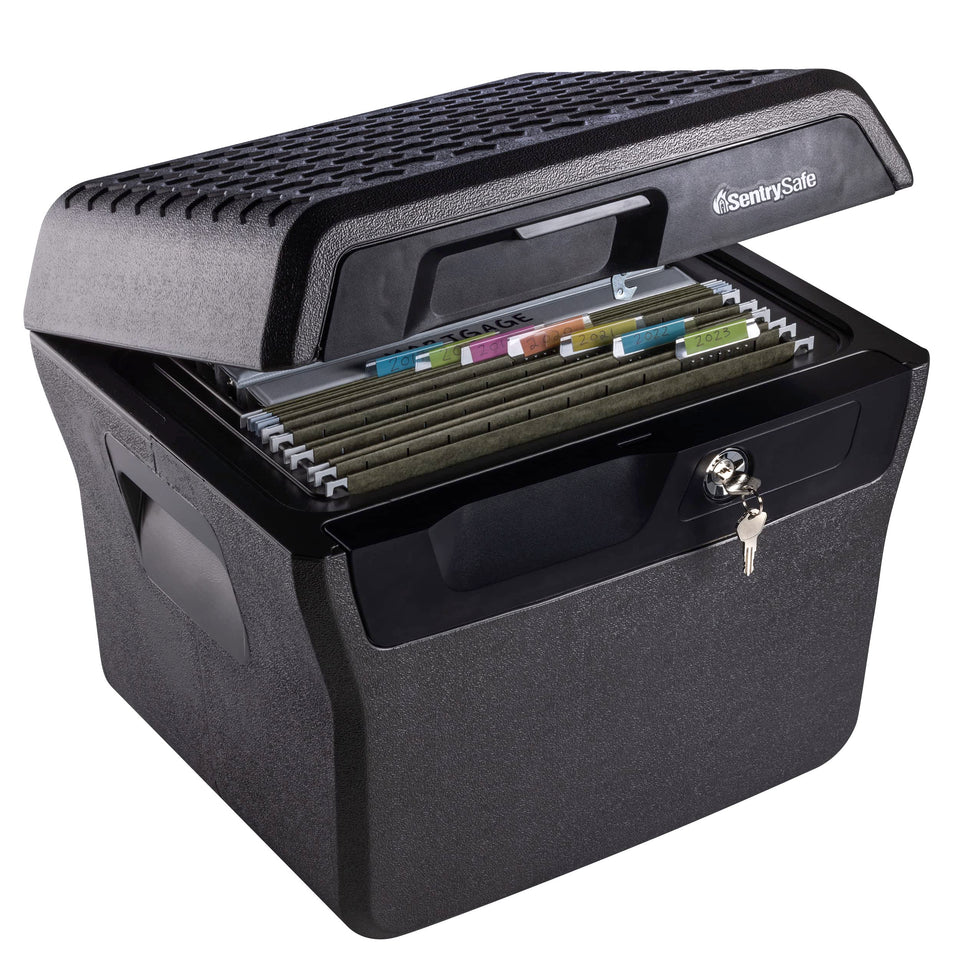 SentrySafe fireproof-waterproof lock box with key lock protecting important documents in emergencies.