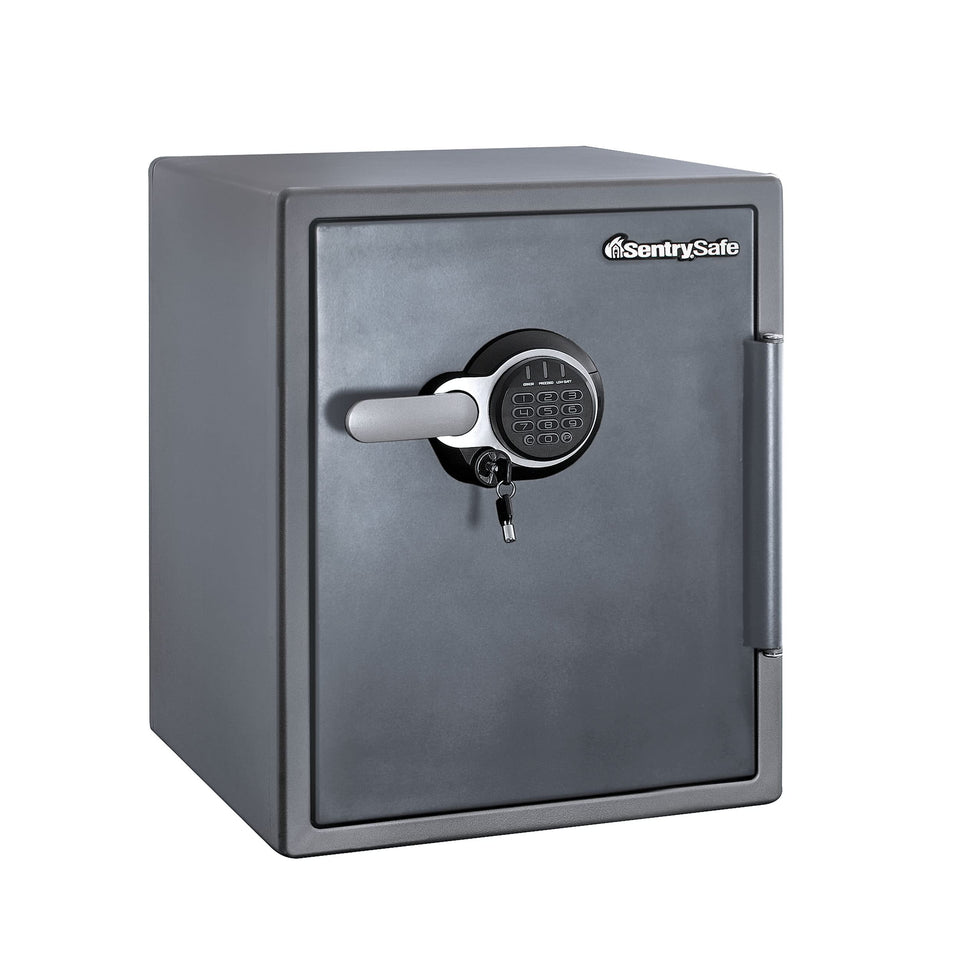 SentrySafe SFW205GQC front view shows rugged gray steel for secure home storage.