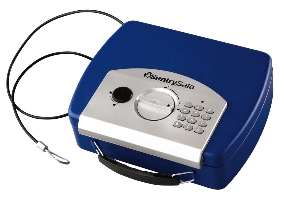 SentrySafe small blue safe with digital keypad for travel protection of valuables.