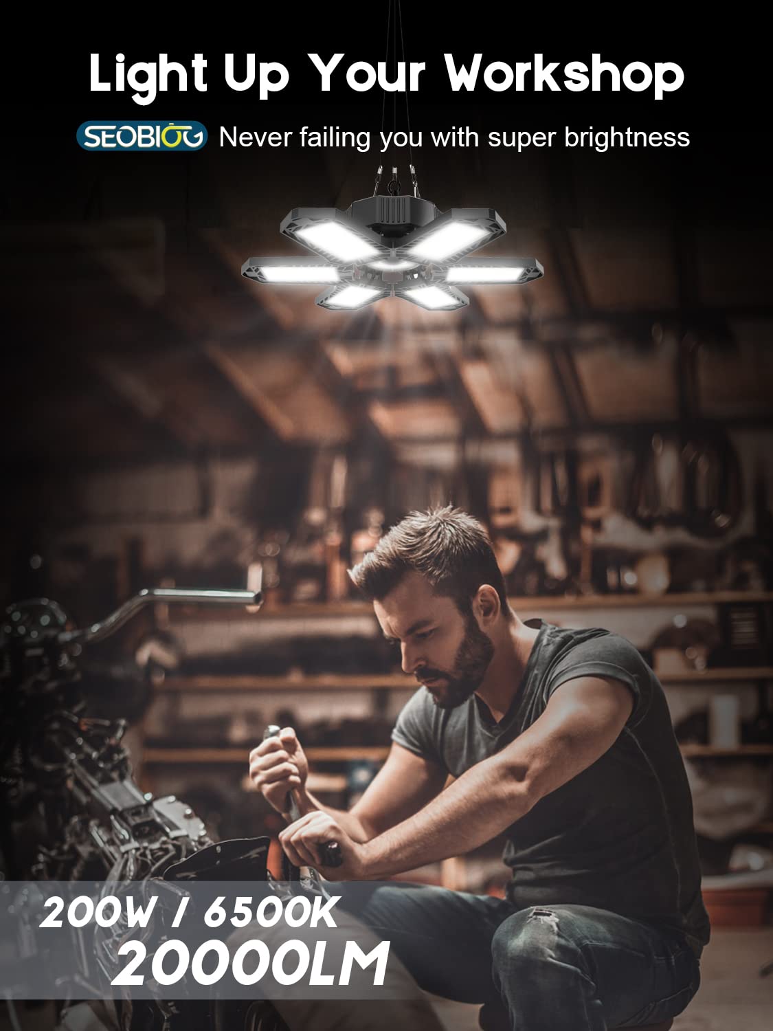 SEOBIOG 200W LED shop light with linkable design for multiple fixtures