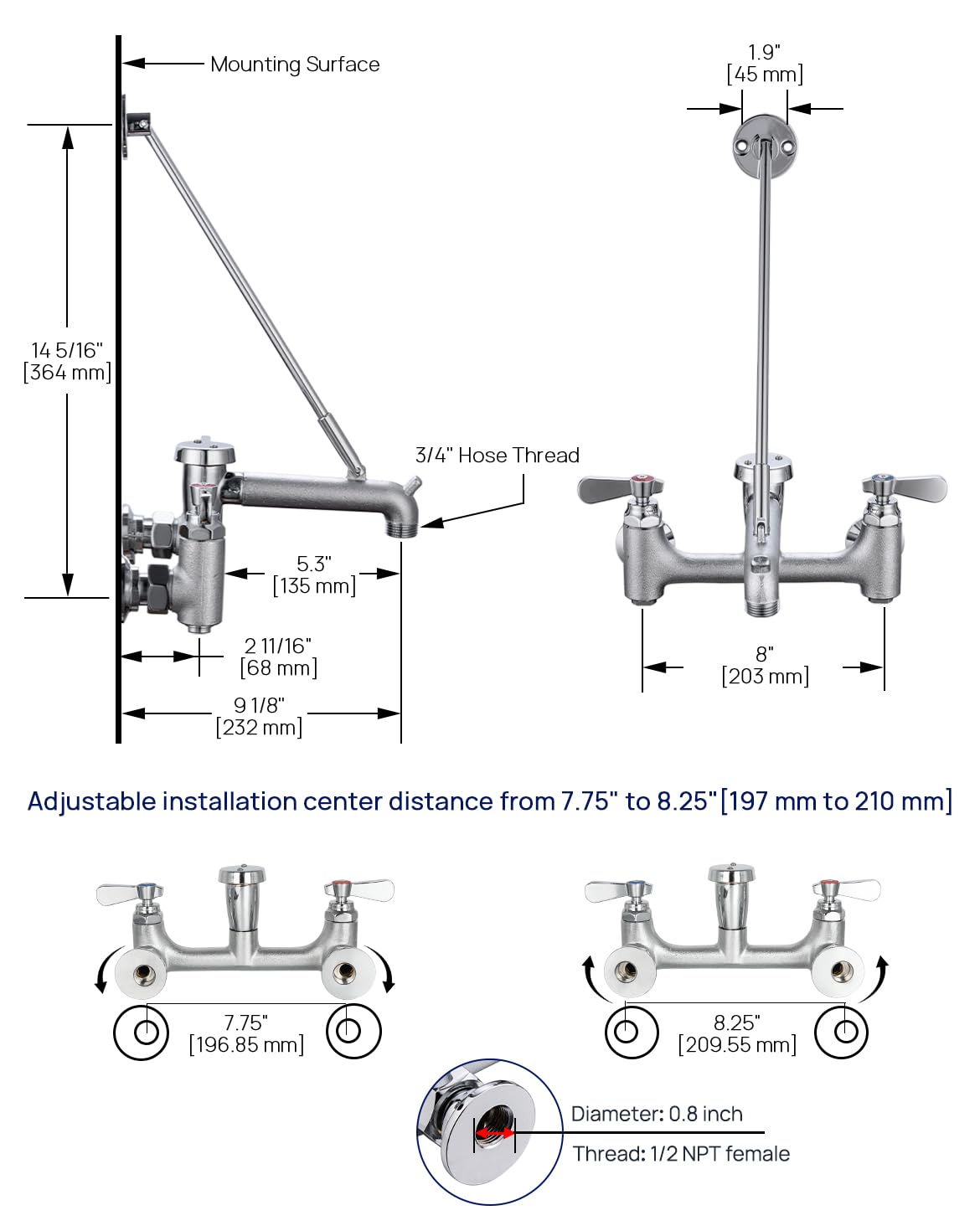 Sepaitek mop sink faucet side view highlights wall-mounted installation