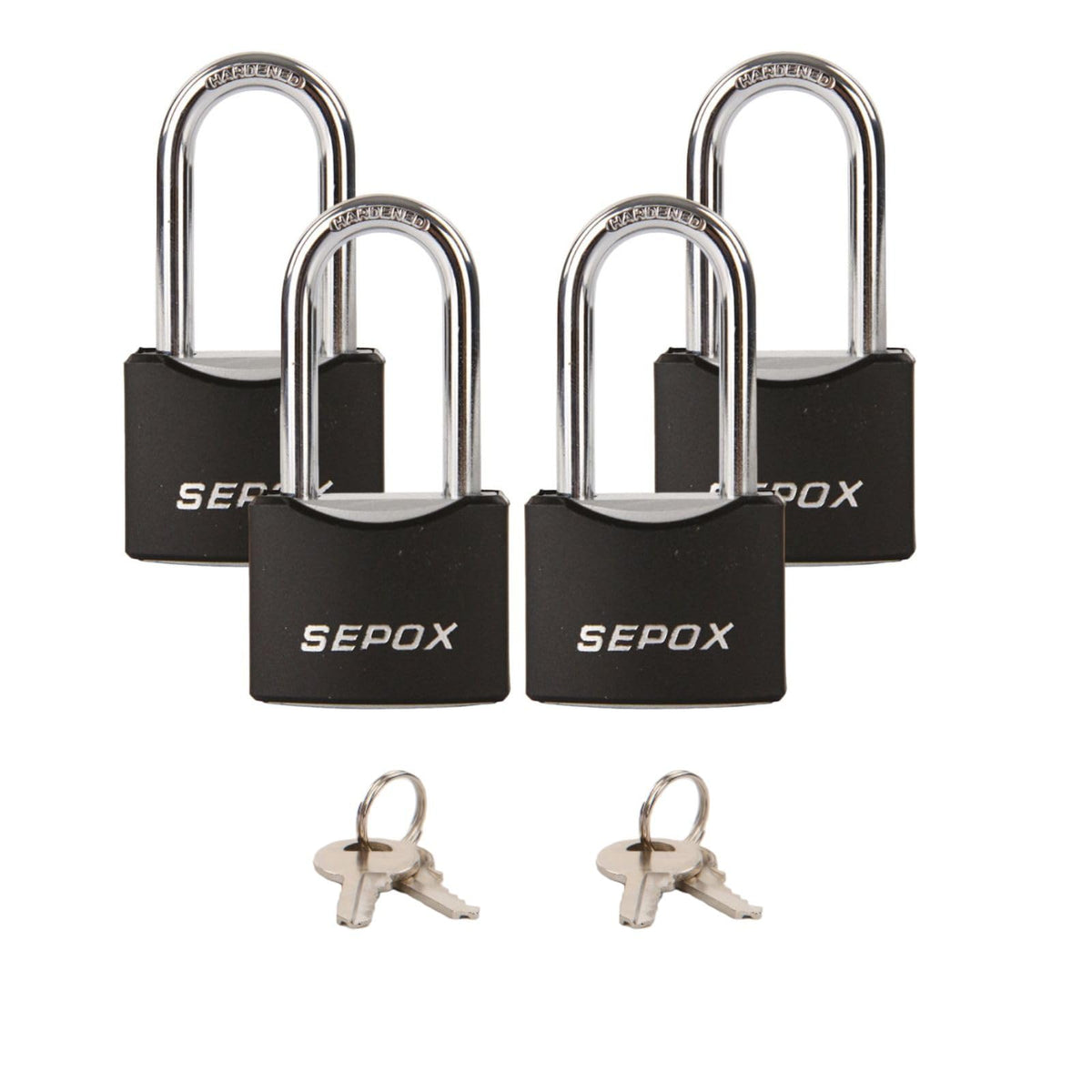 SEPOX four-pack outdoor padlocks shown together highlighting keyed-alike convenience for multiple entry points