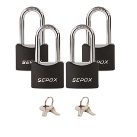 SEPOX four-pack outdoor padlocks shown together highlighting keyed-alike convenience for multiple entry points