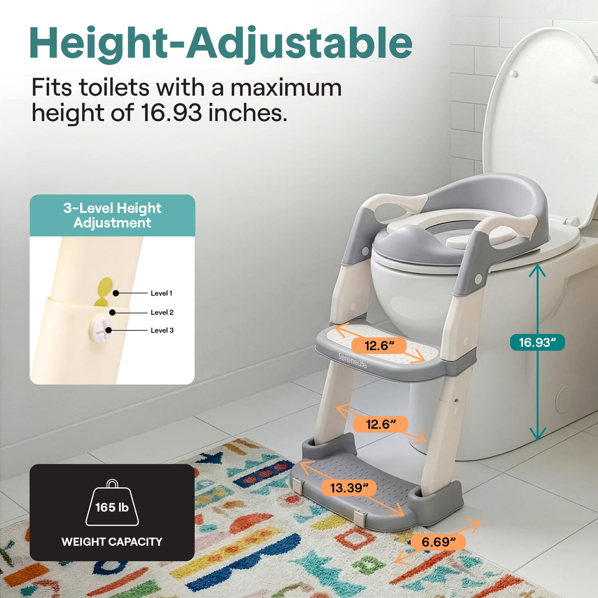 SereneLife height-adjustable seat fits most toilets as your child grows.