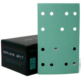 Serious Grit 120-grit sheet front view with Festool RTS 400 compatibility and durable backing.