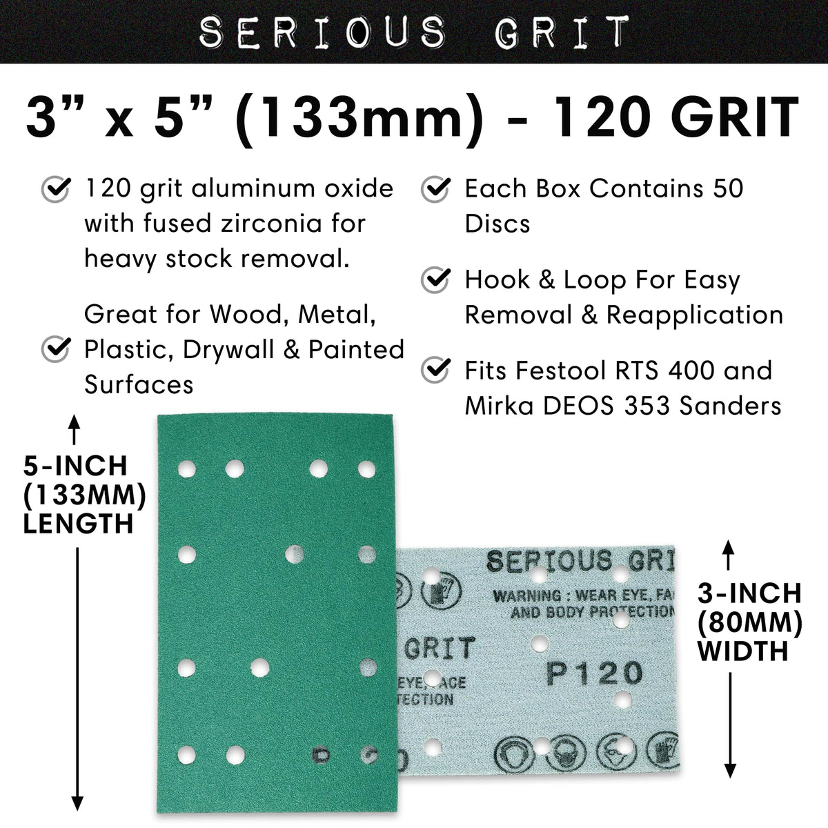 Serious Grit 120-grit sheet pack shot highlighting anti-clog coating for cleaner sanding.