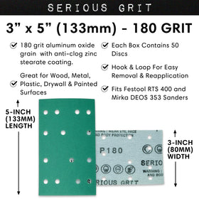 Serious Grit 180-grit sheet on Mirka Deos 353 for clean auto body sanding.