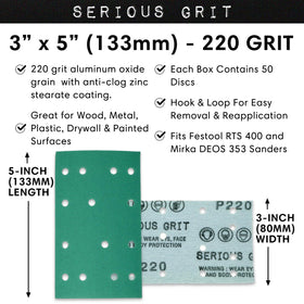Serious Grit 220-grit sheet showing dust extraction compatibility.