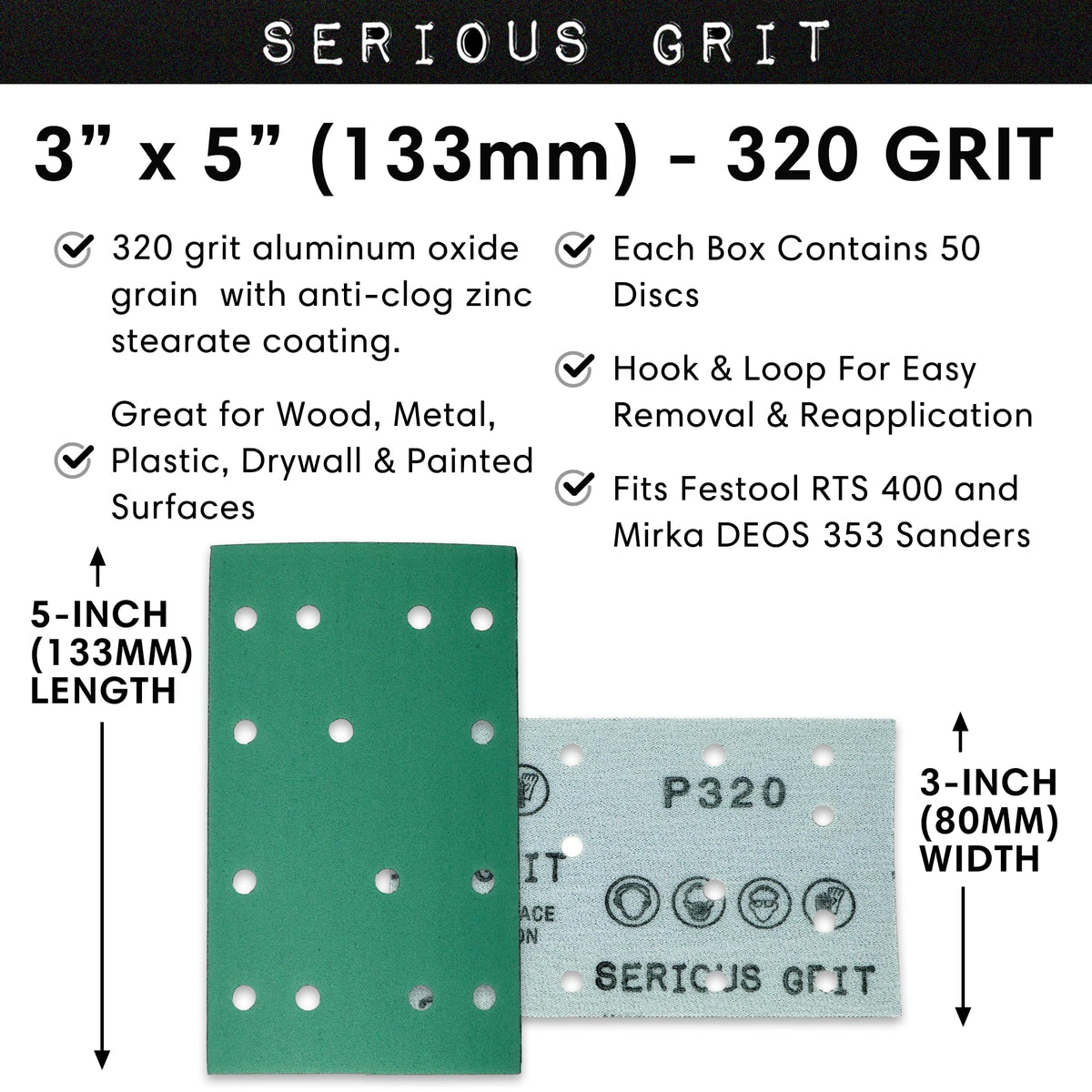 Serious Grit 320-grit sheet with film backing demonstrates tear resistance during edge sanding.
