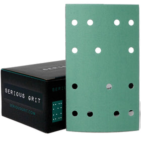 Serious Grit 320-grit sheet on a sander shows fast material removal and steady finish.