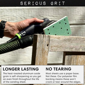 Serious Grit 320-grit sheet delivers smoother finish on wood, metal, and painted surfaces.